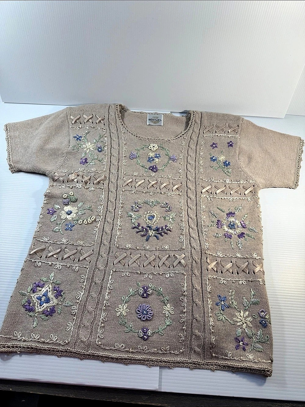 Bentley Floral Embroidered Knit Top in Beige